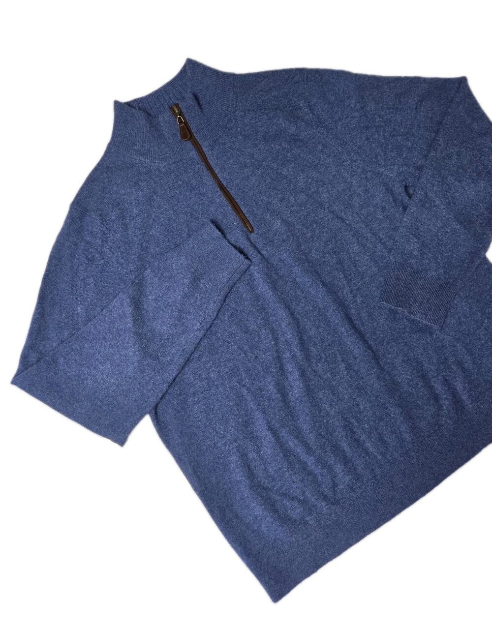 Magaschoni Man 100% Cashmere Knit 1/4 Zip Sweater Blue Pullover Casual Size XL